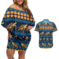 Hawaii Turtles Starfish Unique Pattern Couples Matching Off Shoulder Short Dress and Hawaiian Shirt - Polynesian Pride