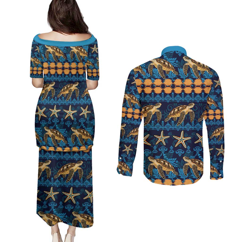Hawaii Turtles Starfish Unique Pattern Couples Matching Puletasi and Long Sleeve Button Shirt - Polynesian Pride