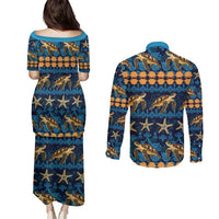 Hawaii Turtles Starfish Unique Pattern Couples Matching Puletasi and Long Sleeve Button Shirt - Polynesian Pride