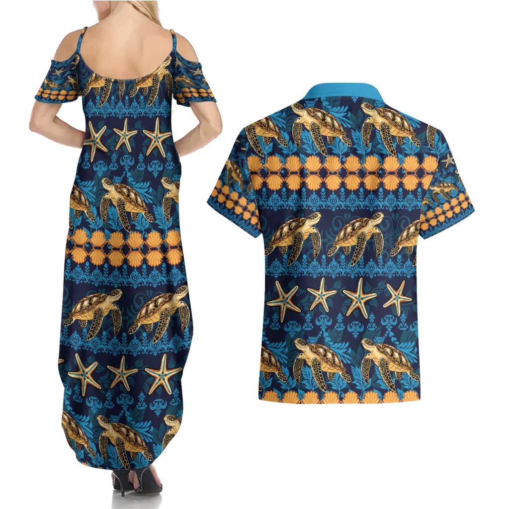 Hawaii Turtles Starfish Unique Pattern Couples Matching Summer Maxi Dress and Hawaiian Shirt - Polynesian Pride