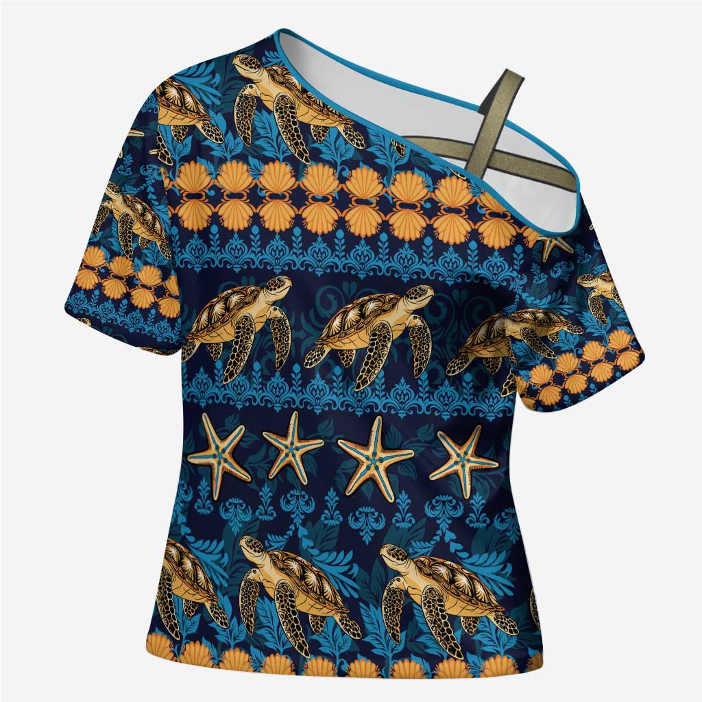 Hawaii Turtles Starfish Unique Pattern Cross Shoulder Shirt LT01 Female Blue - Polynesian Pride