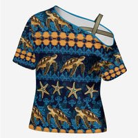 Hawaii Turtles Starfish Unique Pattern Cross Shoulder Shirt LT01 Female Blue - Polynesian Pride