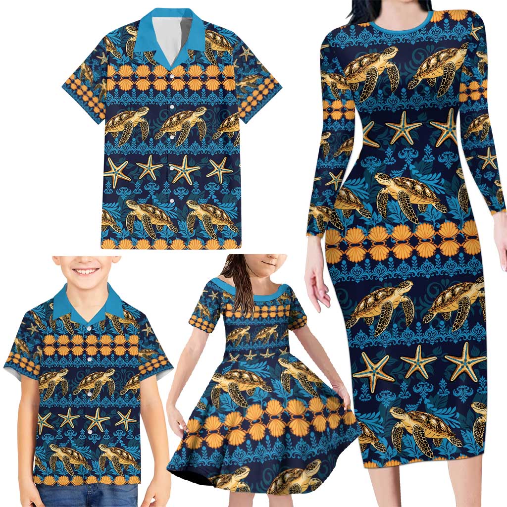 Hawaii Turtles Starfish Unique Pattern Family Matching Long Sleeve Bodycon Dress and Hawaiian Shirt - Polynesian Pride