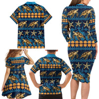 Hawaii Turtles Starfish Unique Pattern Family Matching Long Sleeve Bodycon Dress and Hawaiian Shirt - Polynesian Pride