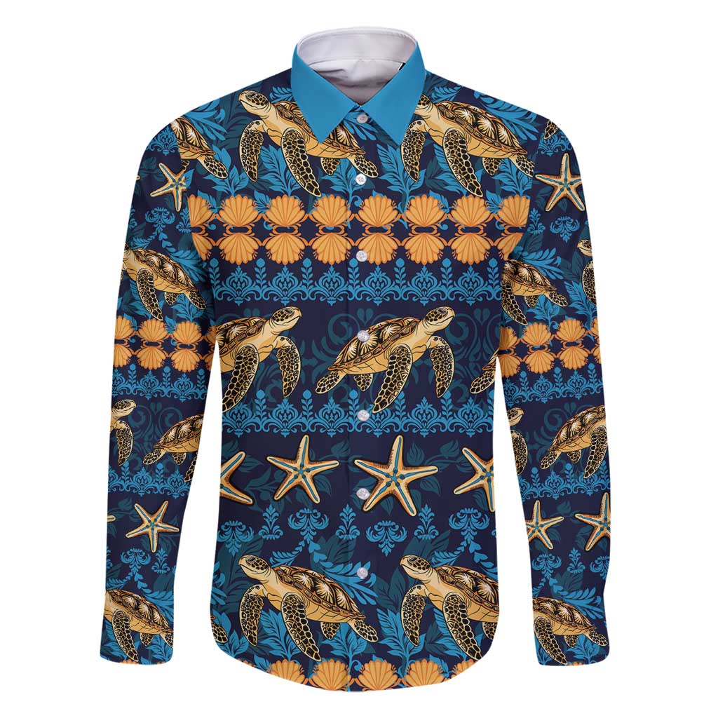 Hawaii Turtles Starfish Unique Pattern Family Matching Long Sleeve Bodycon Dress and Hawaiian Shirt - Polynesian Pride