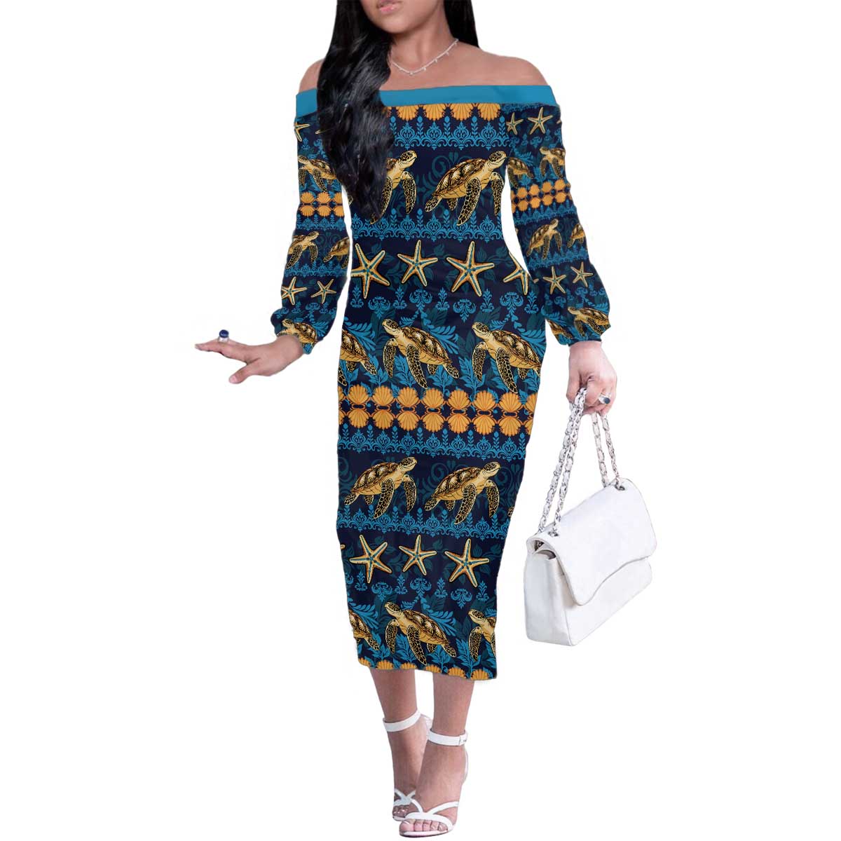 Hawaii Turtles Starfish Unique Pattern Family Matching Off The Shoulder Long Sleeve Dress and Hawaiian Shirt - Polynesian Pride