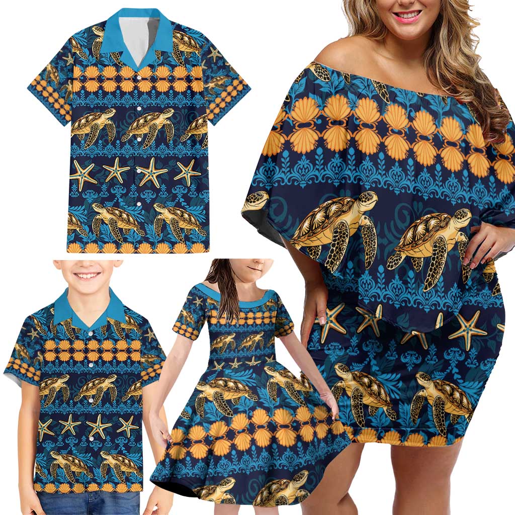 Hawaii Turtles Starfish Unique Pattern Family Matching Off Shoulder Short Dress and Hawaiian Shirt - Polynesian Pride