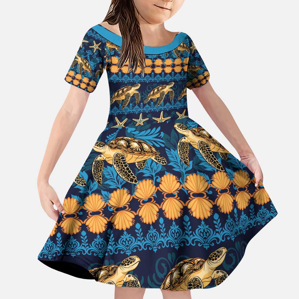 Hawaii Turtles Starfish Unique Pattern Family Matching Puletasi and Hawaiian Shirt LT01 Daughter's Dress Blue - Polynesian Pride
