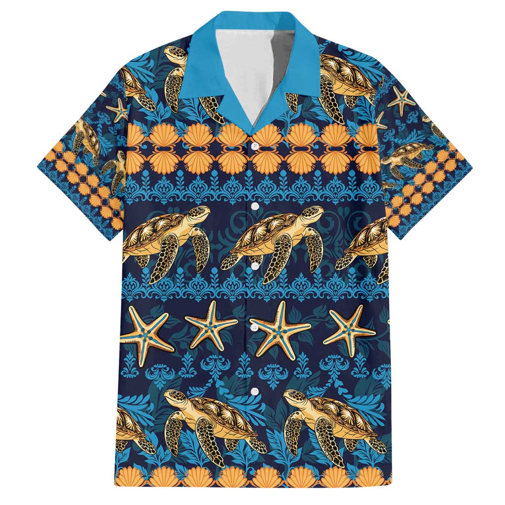 Hawaii Turtles Starfish Unique Pattern Family Matching Puletasi and Hawaiian Shirt LT01 Dad's Shirt - Short Sleeve Blue - Polynesian Pride