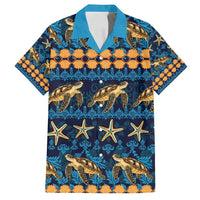 Hawaii Turtles Starfish Unique Pattern Family Matching Puletasi and Hawaiian Shirt LT01 Dad's Shirt - Short Sleeve Blue - Polynesian Pride