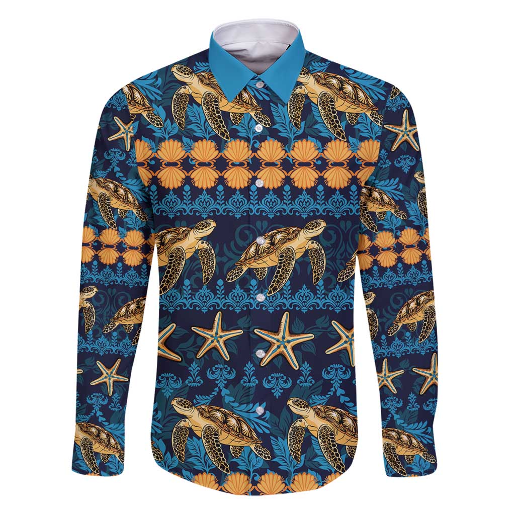 Hawaii Turtles Starfish Unique Pattern Family Matching Puletasi and Hawaiian Shirt LT01 Dad's Shirt - Long Sleeve Blue - Polynesian Pride