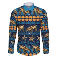 Hawaii Turtles Starfish Unique Pattern Family Matching Puletasi and Hawaiian Shirt LT01 Dad's Shirt - Long Sleeve Blue - Polynesian Pride