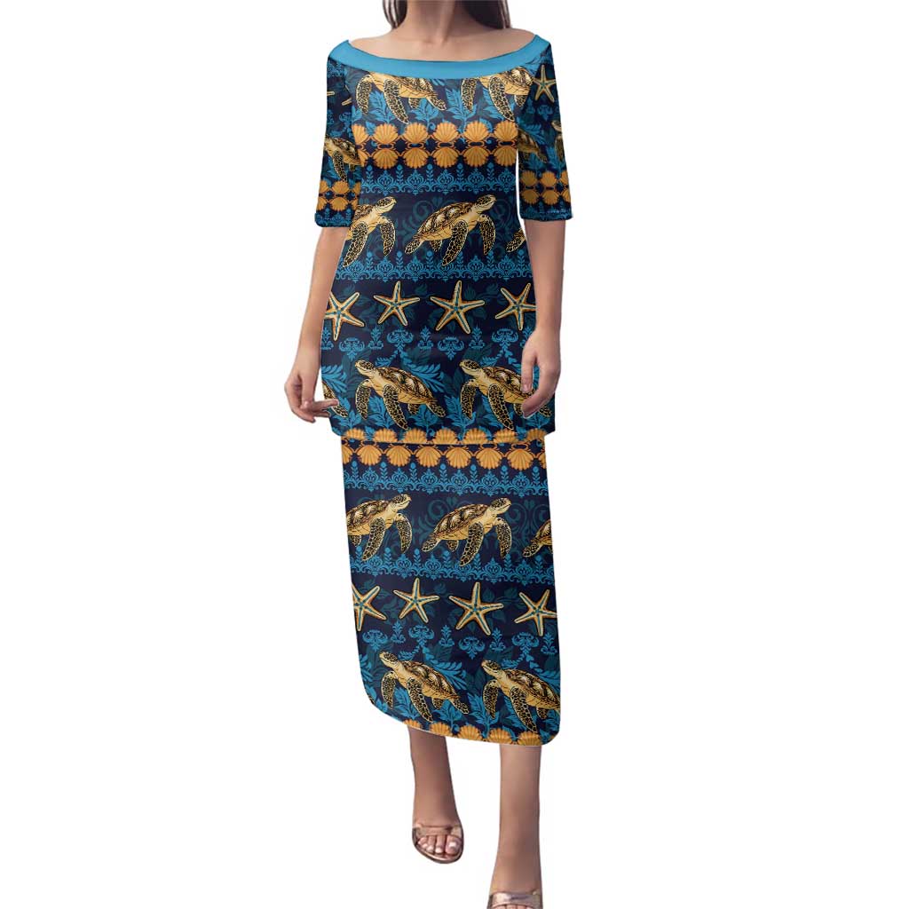Hawaii Turtles Starfish Unique Pattern Family Matching Puletasi and Hawaiian Shirt LT01 Mom's Dress Blue - Polynesian Pride