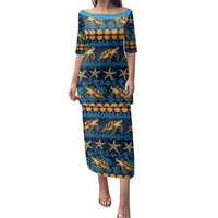 Hawaii Turtles Starfish Unique Pattern Family Matching Puletasi and Hawaiian Shirt LT01 Mom's Dress Blue - Polynesian Pride