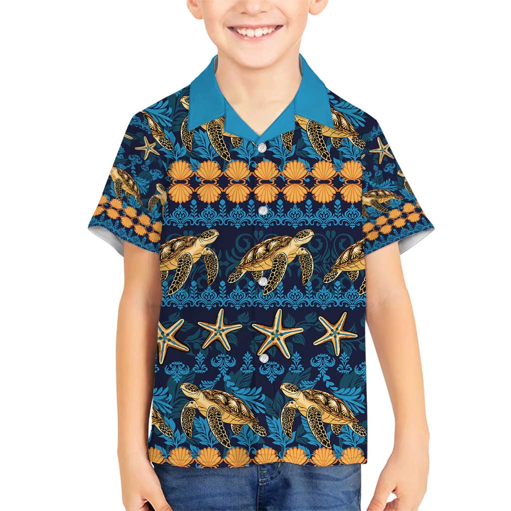 Hawaii Turtles Starfish Unique Pattern Family Matching Puletasi and Hawaiian Shirt LT01 Son's Shirt Blue - Polynesian Pride