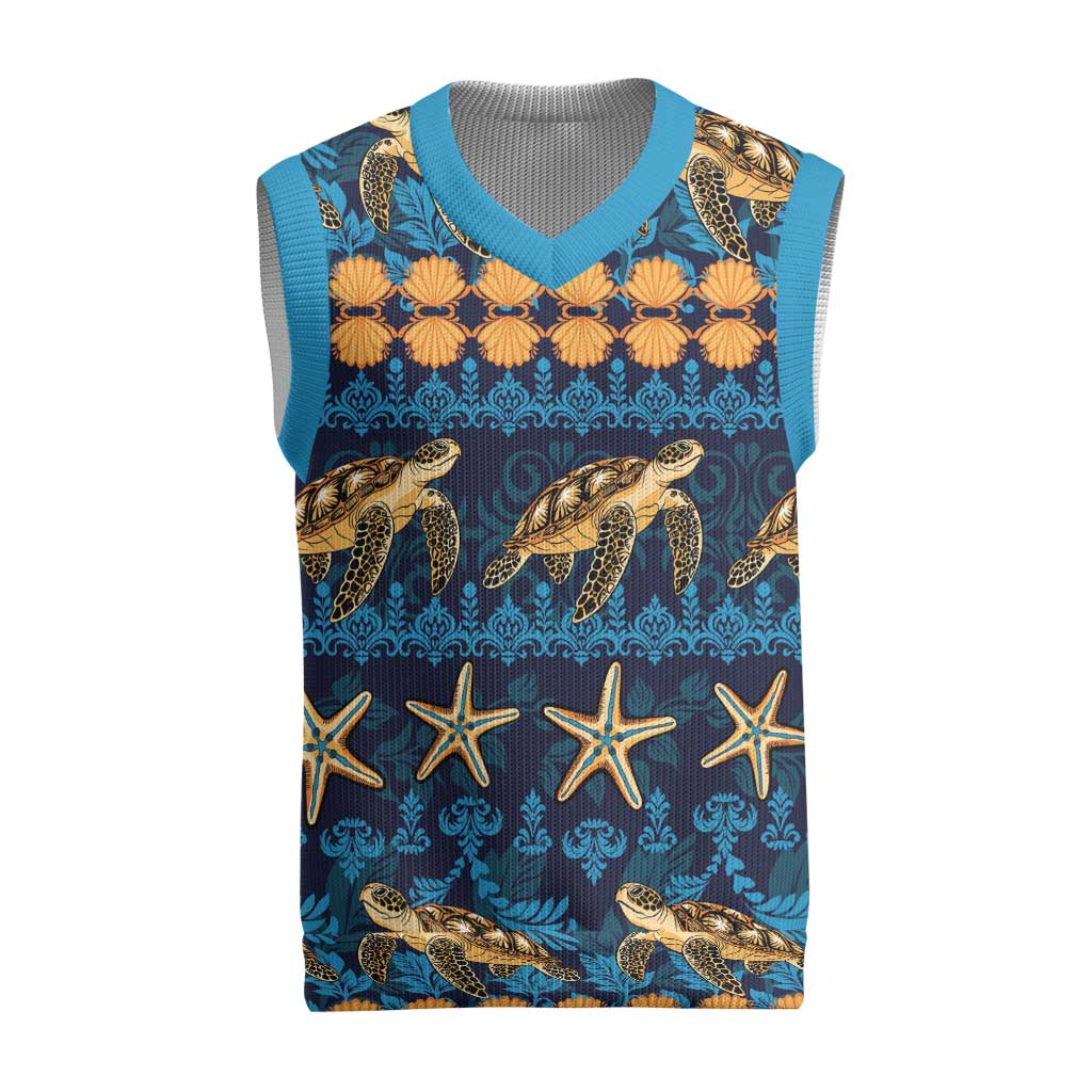 Hawaii Turtles Starfish Unique Pattern Christmas Knitted V-Neck Vest LT01 Blue - Polynesian Pride