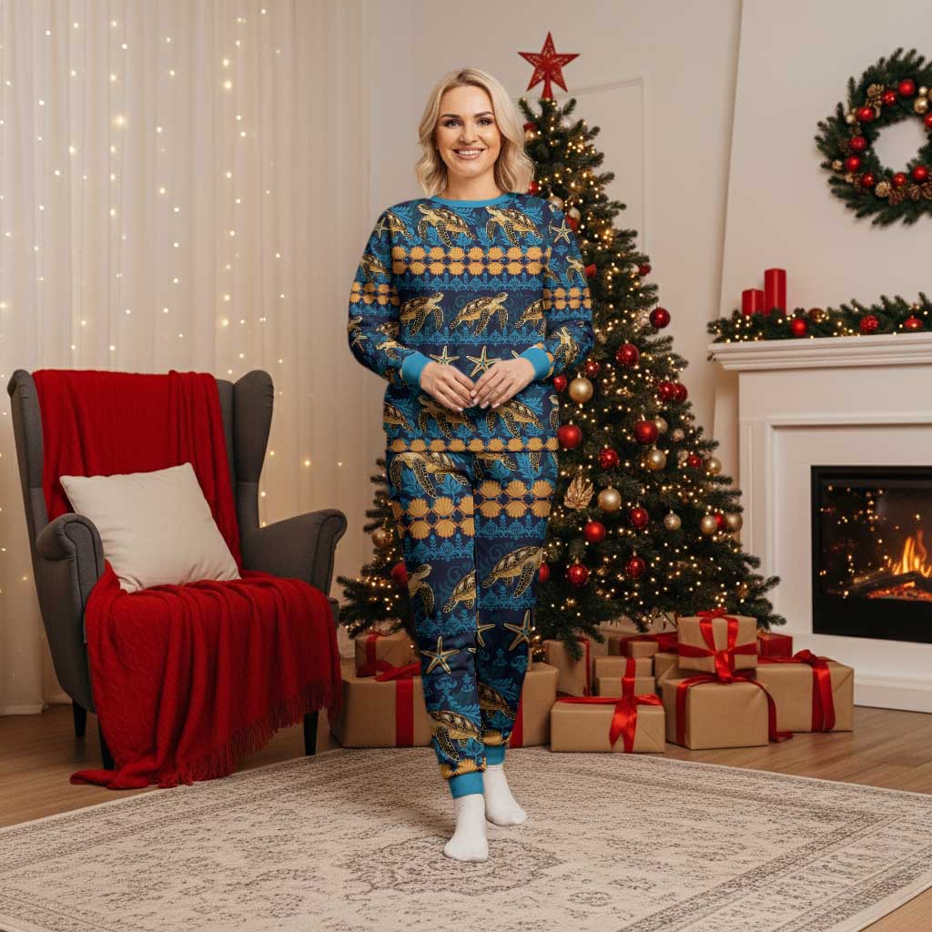 Hawaii Turtles Starfish Unique Pattern Christmas Pajama Set LT01 Women Blue - Polynesian Pride