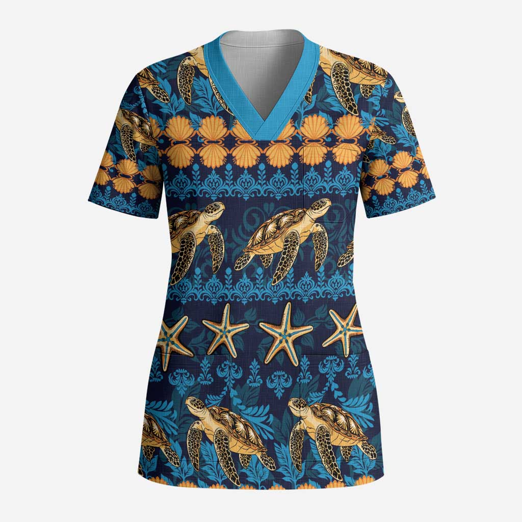 Hawaii Turtles Starfish Unique Pattern Scrub Top - Polynesian Pride