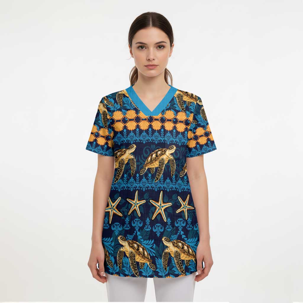 Hawaii Turtles Starfish Unique Pattern Scrub Top - Polynesian Pride