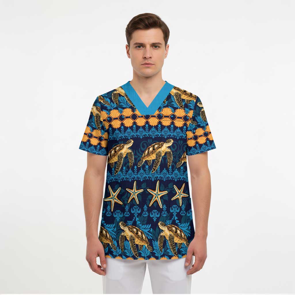 Hawaii Turtles Starfish Unique Pattern Scrub Top - Polynesian Pride