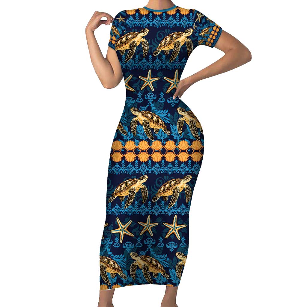 Hawaii Turtles Starfish Unique Pattern Short Sleeve Bodycon Dress - Polynesian Pride
