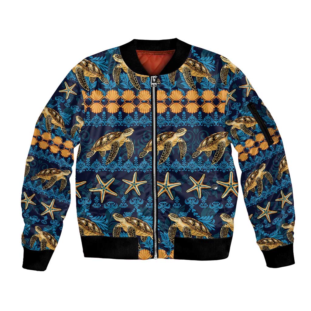 Hawaii Turtles Starfish Unique Pattern Sleeve Zip Bomber Jacket - Polynesian Pride