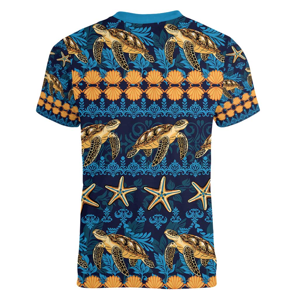 Hawaii Turtles Starfish Unique Pattern Women V-Neck T-Shirt - Polynesian Pride