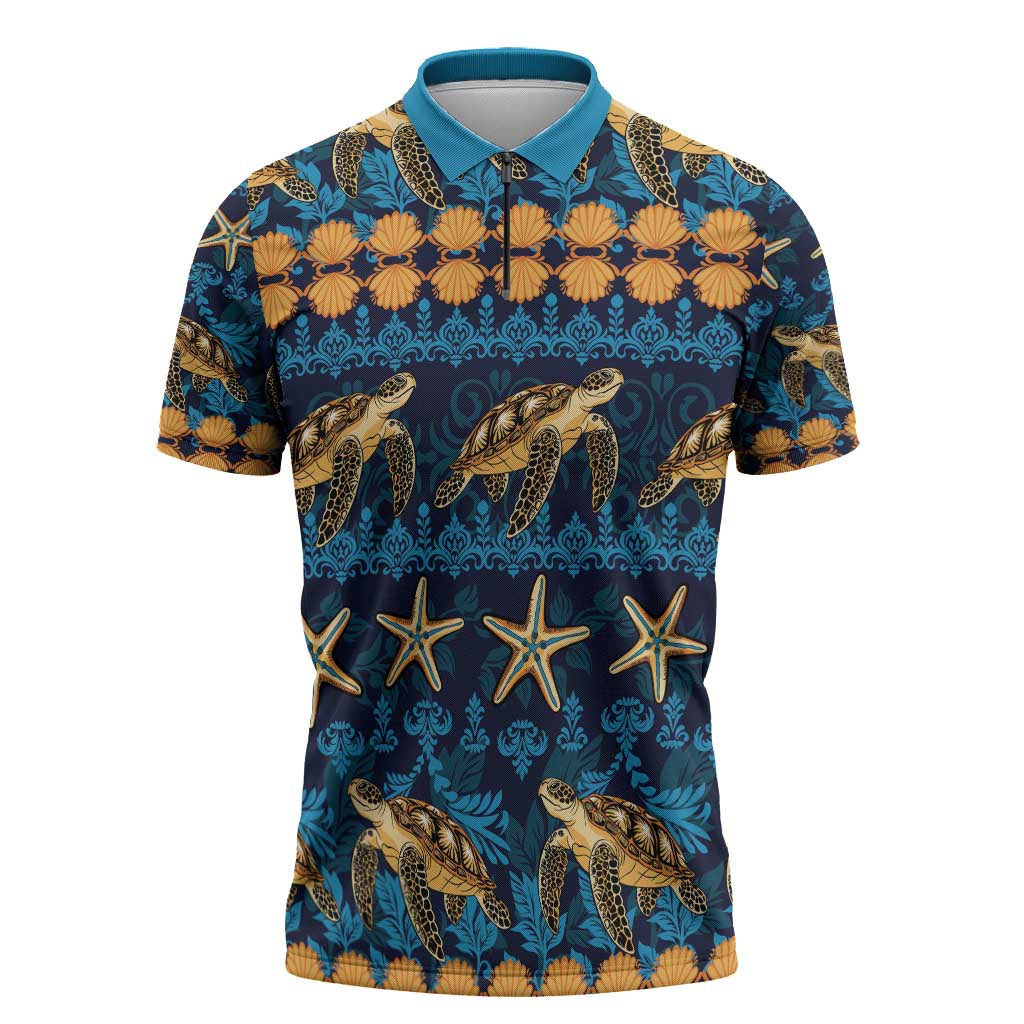 Hawaii Turtles Starfish Unique Pattern Zipper Polo Shirt LT01 Blue - Polynesian Pride