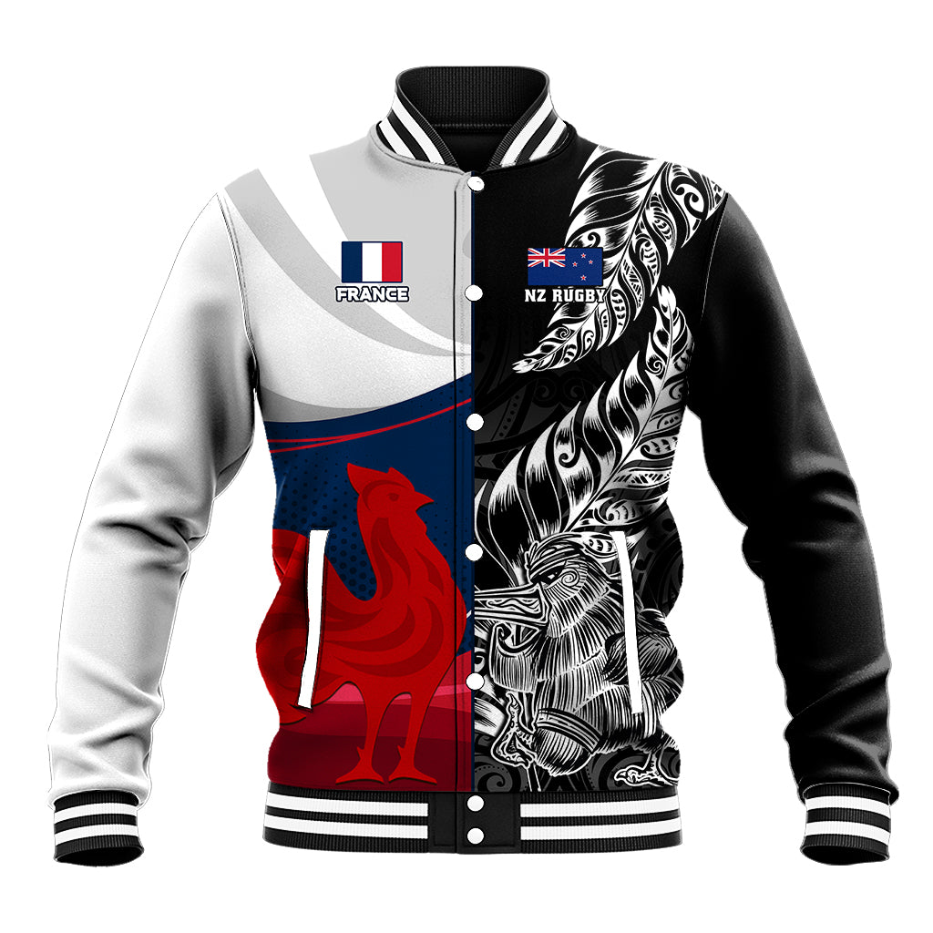 Custom New Zealand And France Rugby Baseball Jacket XV de France Kiwi Silver Fern 2023 World Cup LT01 Unisex Black - Polynesian Pride