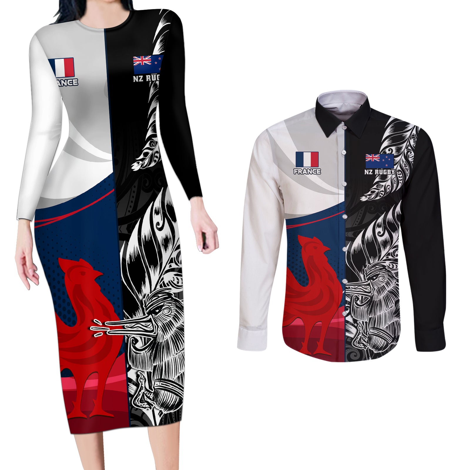 Custom New Zealand And France Rugby Couples Matching Long Sleeve Bodycon Dress and Long Sleeve Button Shirts XV de France Kiwi Silver Fern 2023 World Cup LT01 Black - Polynesian Pride