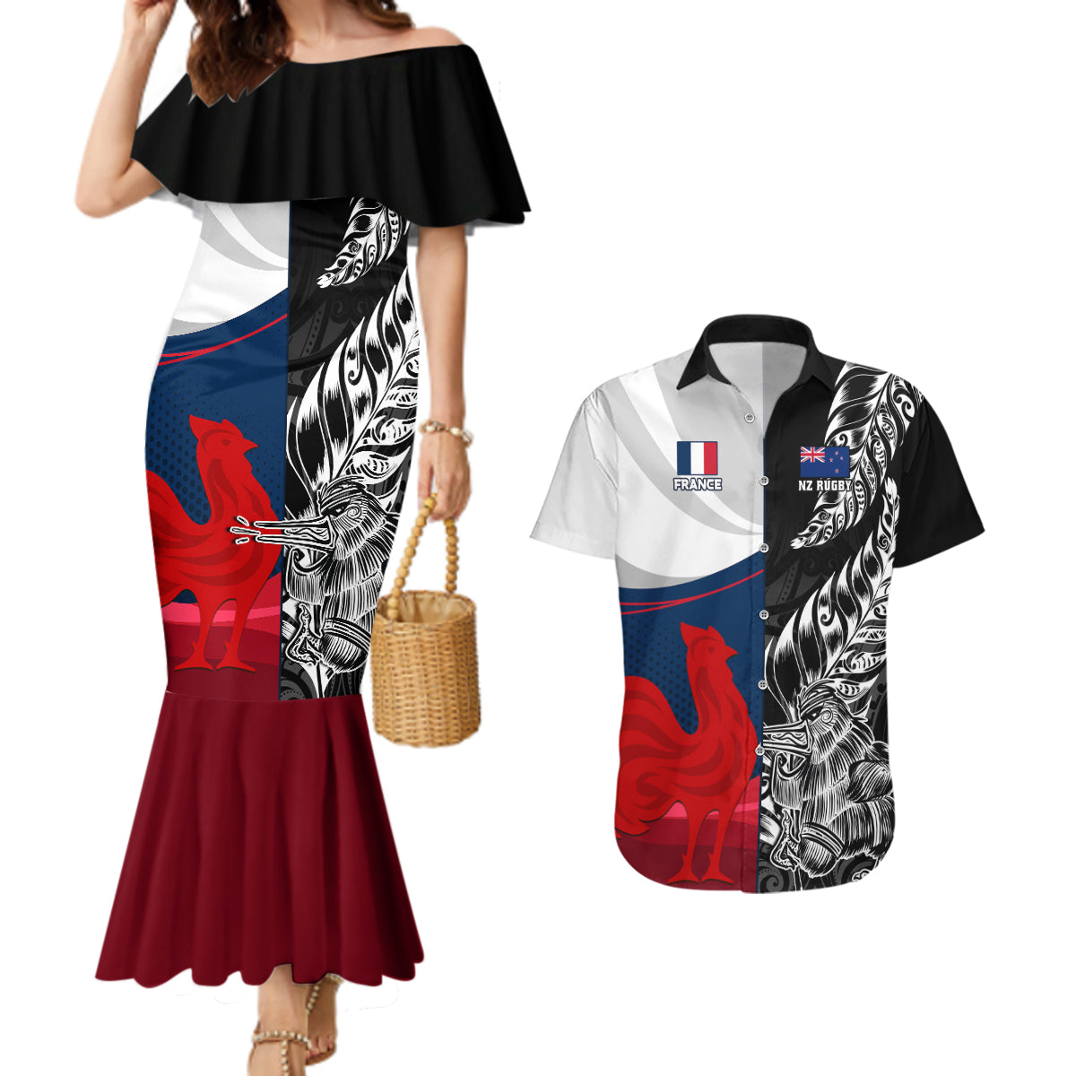 custom-new-zealand-and-france-rugby-couples-matching-mermaid-dress-and-hawaiian-shirt-xv-de-france-kiwi-silver-fern-2023-world-cup