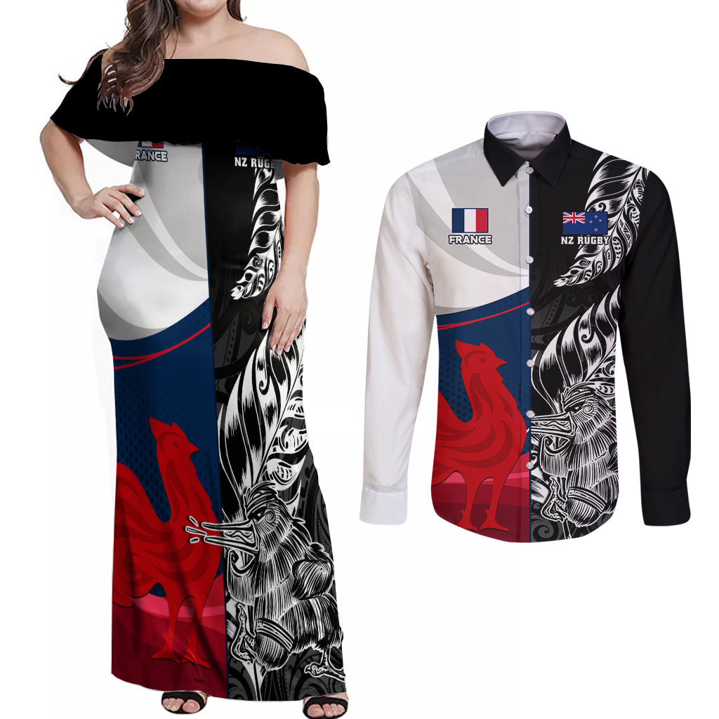 Custom New Zealand And France Rugby Couples Matching Off Shoulder Maxi Dress and Long Sleeve Button Shirts XV de France Kiwi Silver Fern 2023 World Cup LT01 Black - Polynesian Pride