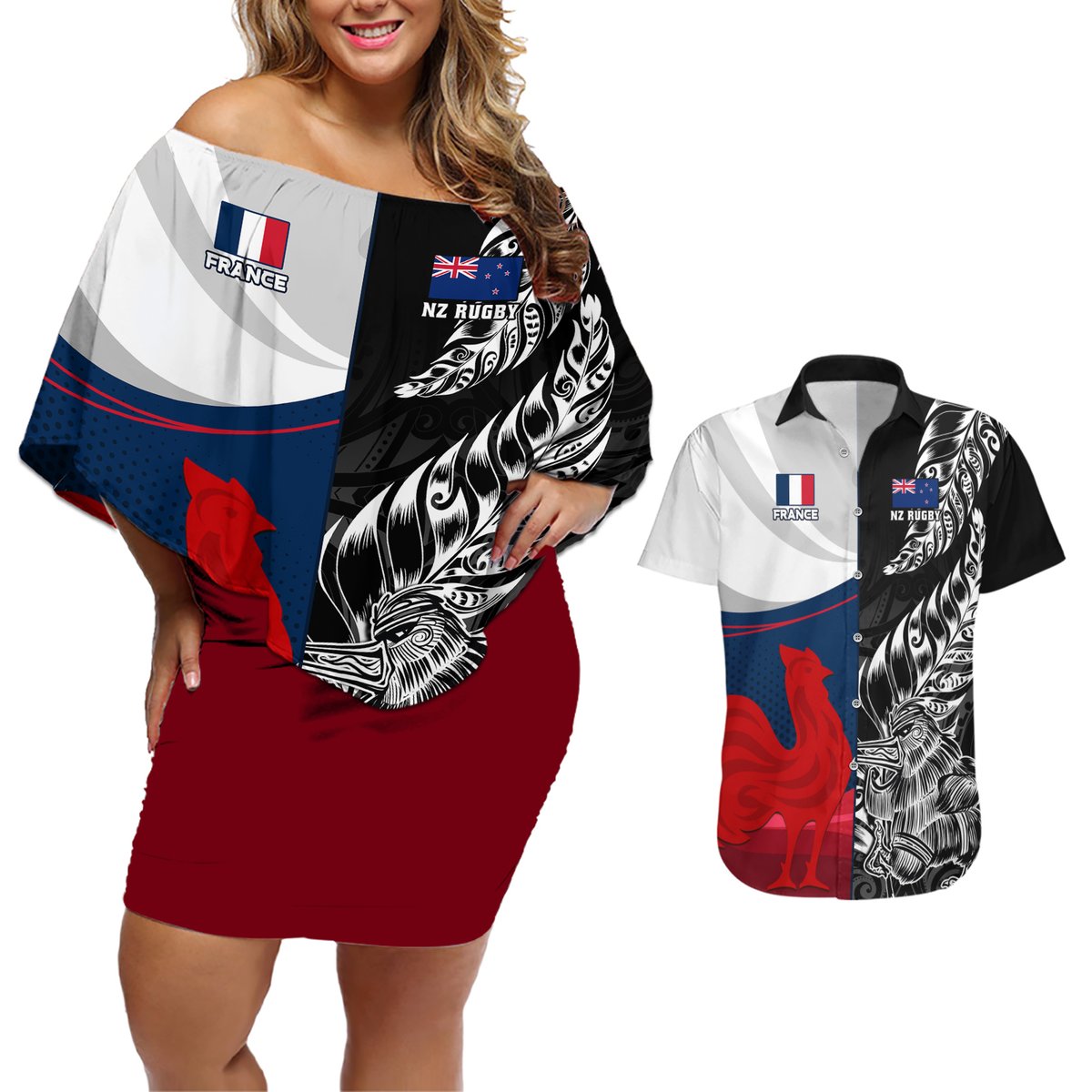Custom New Zealand And France Rugby Couples Matching Off Shoulder Short Dress and Hawaiian Shirt XV de France Kiwi Silver Fern 2023 World Cup LT01 Black - Polynesian Pride