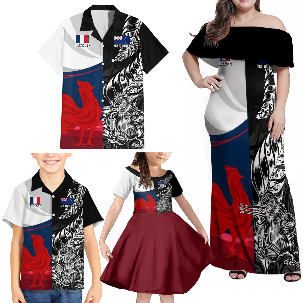 Custom New Zealand And France Rugby Family Matching Off Shoulder Maxi Dress and Hawaiian Shirt XV de France Kiwi Silver Fern 2023 World Cup LT01 - Polynesian Pride