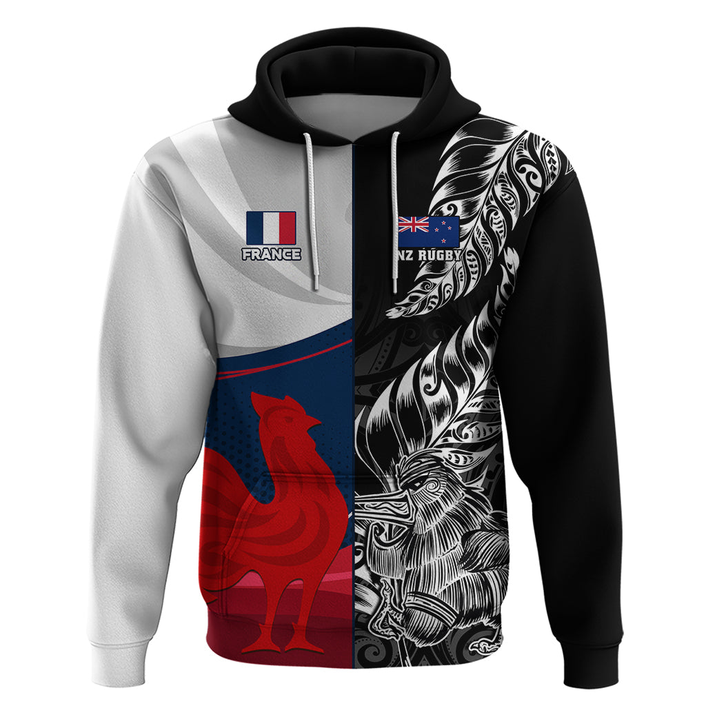 Custom New Zealand And France Rugby Hoodie XV de France Kiwi Silver Fern 2023 World Cup LT01 Pullover Hoodie Black - Polynesian Pride