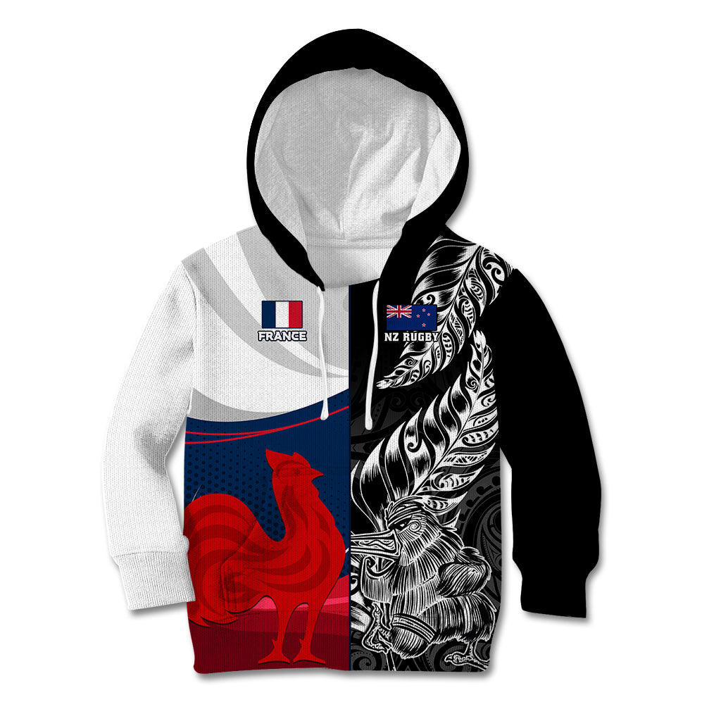 Custom New Zealand And France Rugby Kid Hoodie XV de France Kiwi Silver Fern 2023 World Cup LT01 Black - Polynesian Pride