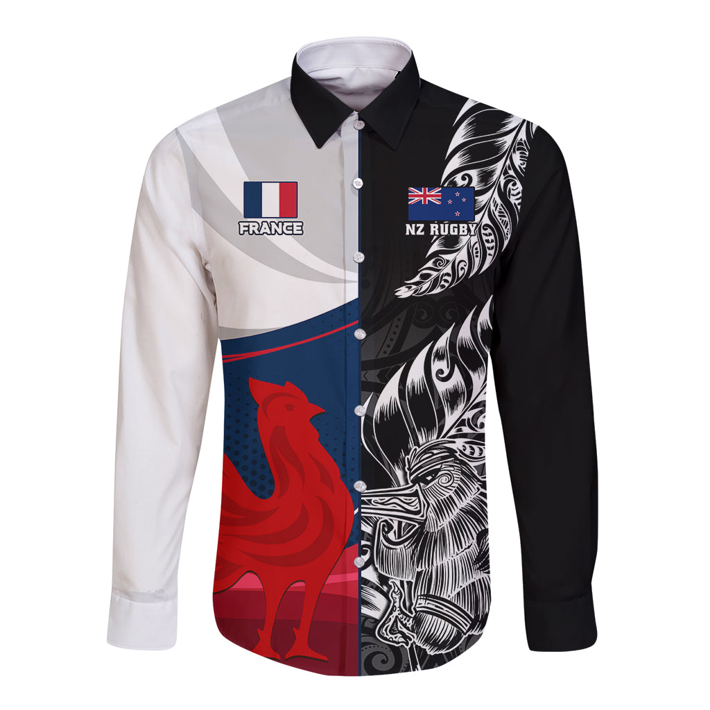 custom-new-zealand-and-france-rugby-long-sleeve-button-shirt-xv-de-france-kiwi-silver-fern-2023-world-cup