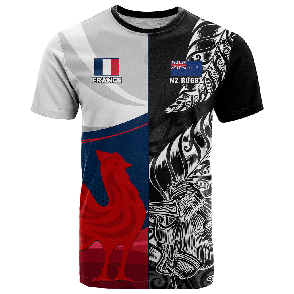 Custom New Zealand And France Rugby T Shirt XV de France Kiwi Silver Fern 2023 World Cup LT01 Black - Polynesian Pride