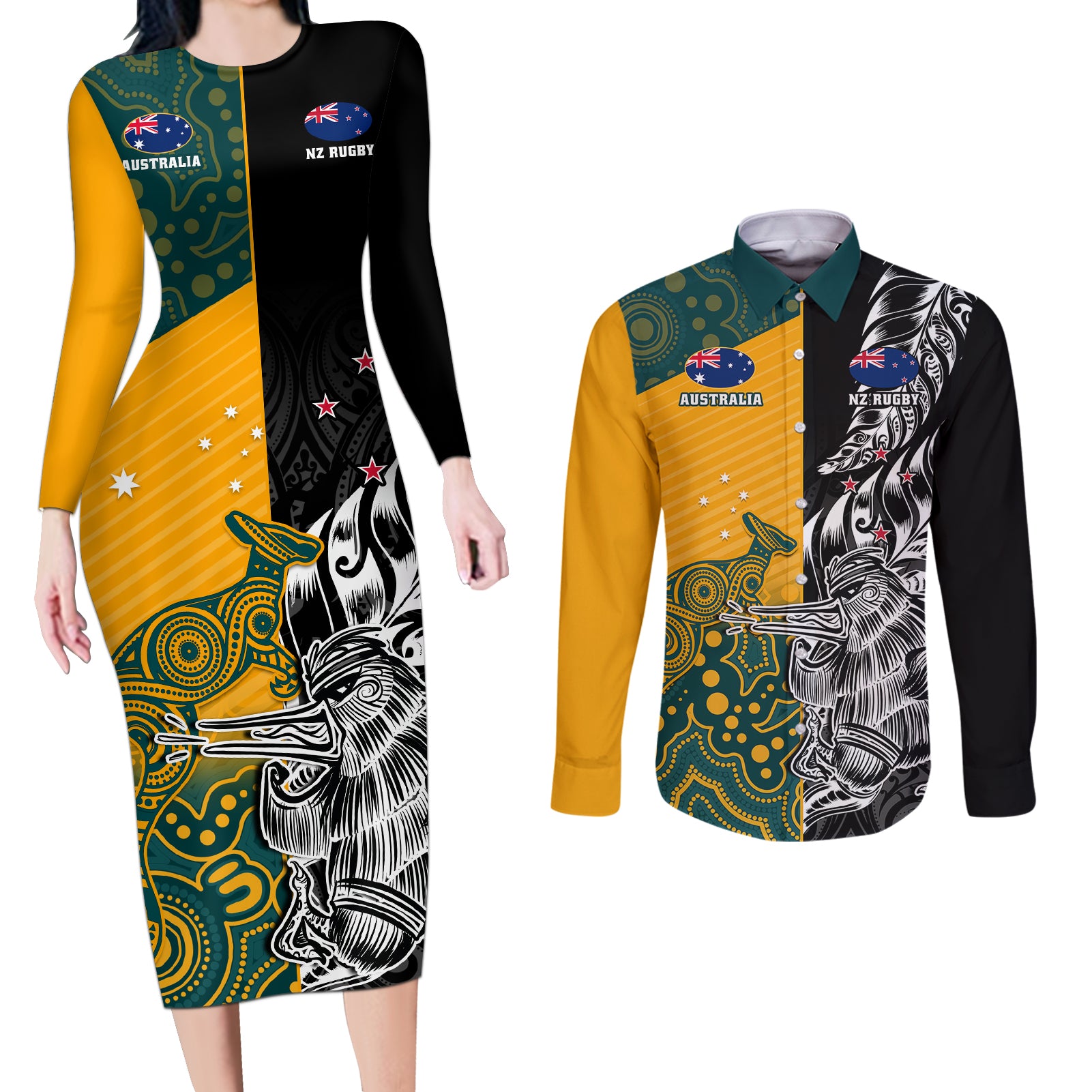 custom-new-zealand-and-ausrtralia-rugby-couples-matching-long-sleeve-bodycon-dress-and-long-sleeve-button-shirts-wallabies-kiwi-silver-fern-2023-world-cup