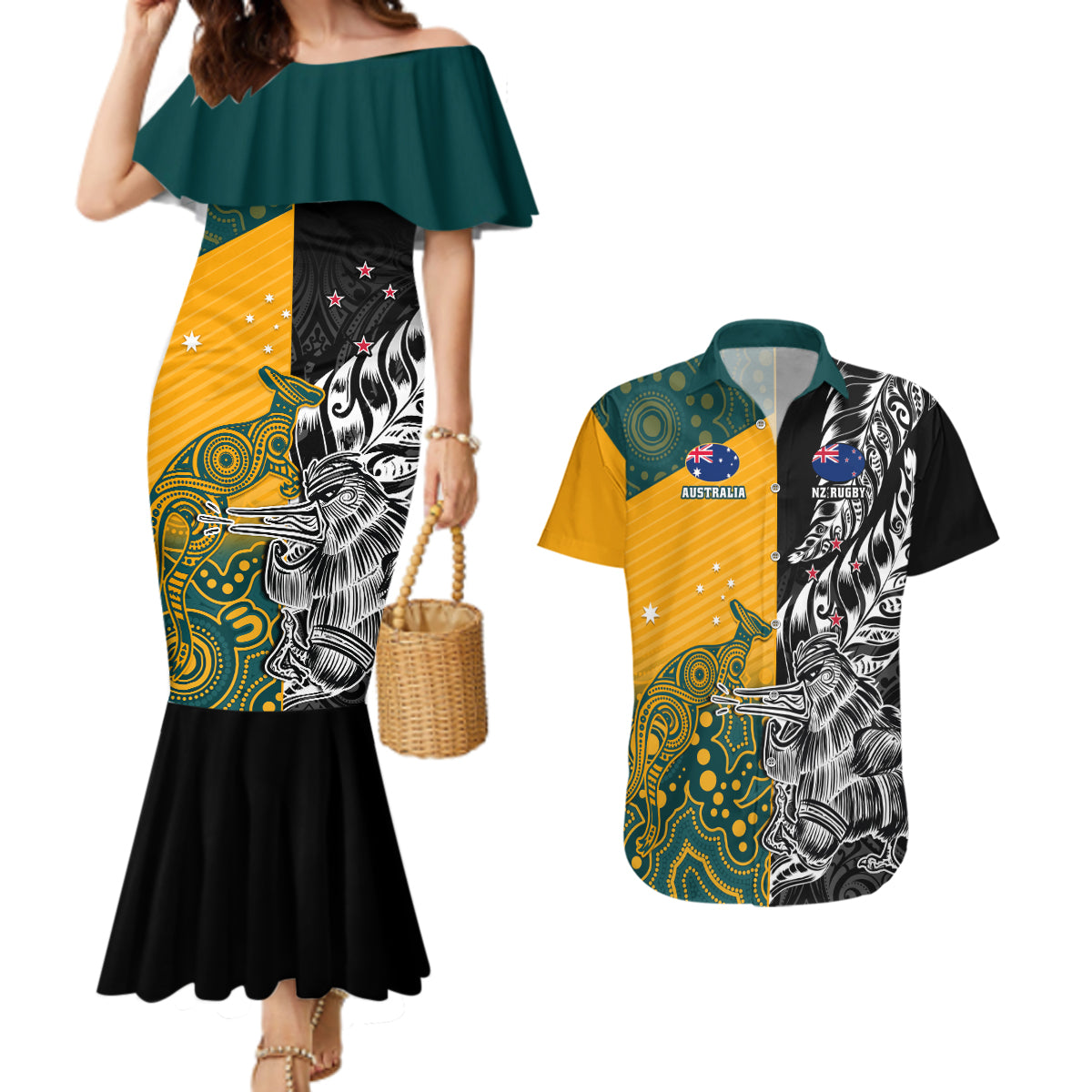 custom-new-zealand-and-ausrtralia-rugby-couples-matching-mermaid-dress-and-hawaiian-shirt-wallabies-kiwi-silver-fern-2023-world-cup