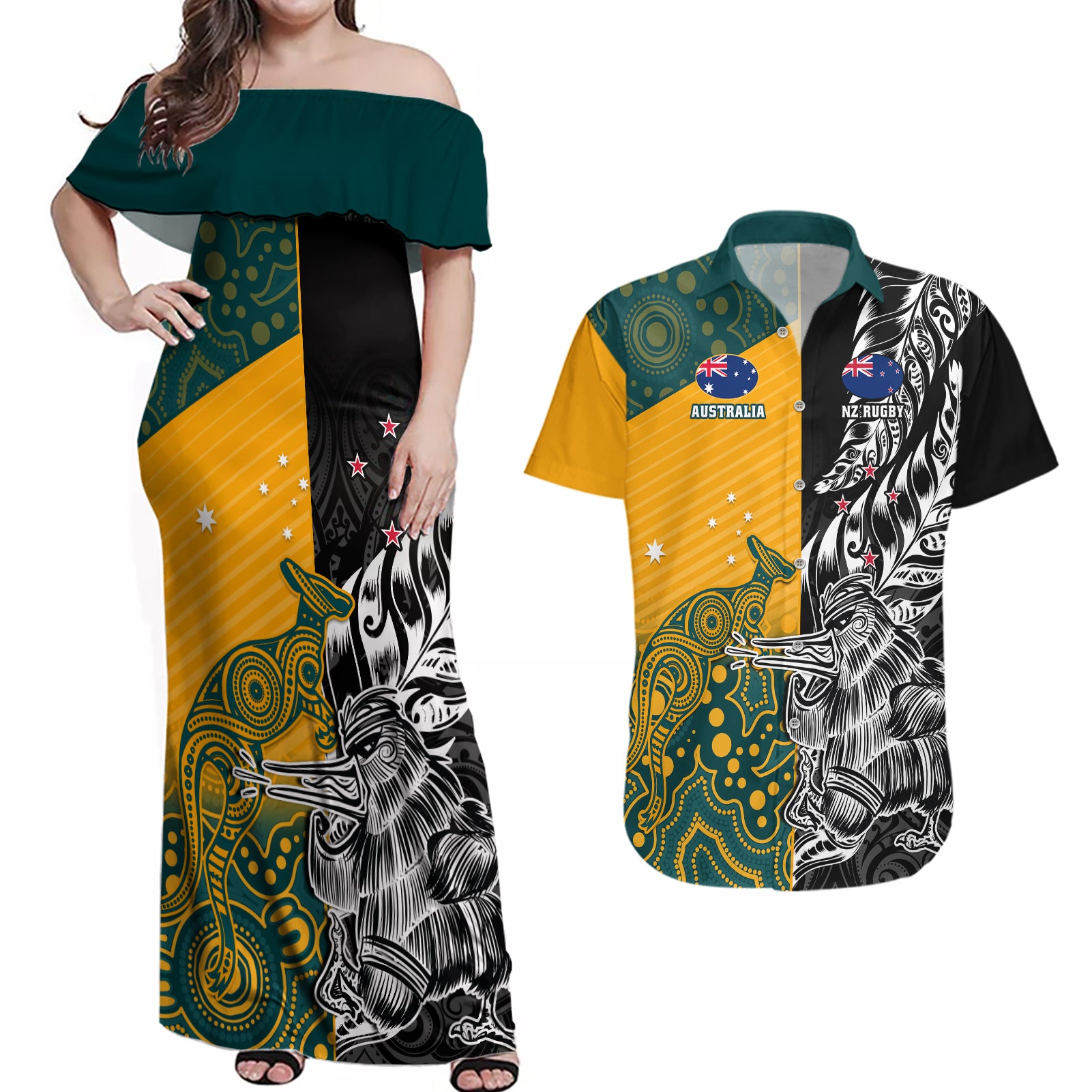 custom-new-zealand-and-ausrtralia-rugby-couples-matching-off-shoulder-maxi-dress-and-hawaiian-shirt-wallabies-kiwi-silver-fern-2023-world-cup