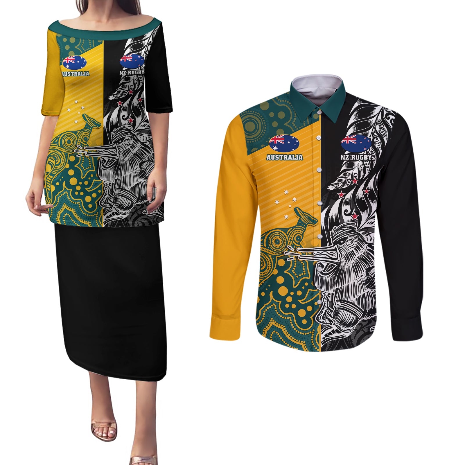 custom-new-zealand-and-ausrtralia-rugby-couples-matching-puletasi-dress-and-long-sleeve-button-shirts-wallabies-kiwi-silver-fern-2023-world-cup