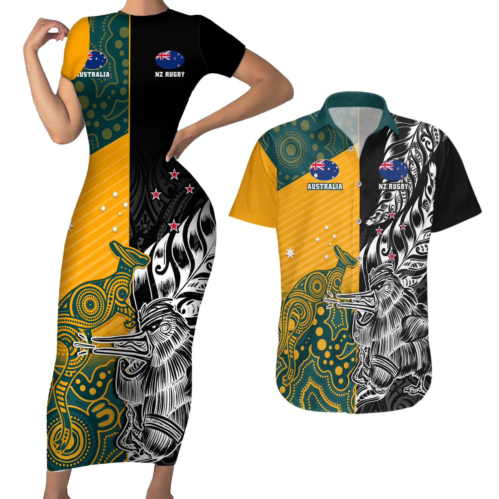 Custom New Zealand And Australia Rugby Couples Matching Short Sleeve Bodycon Dress and Hawaiian Shirt Wallabies Kiwi Silver Fern 2023 World Cup LT01 Black - Polynesian Pride