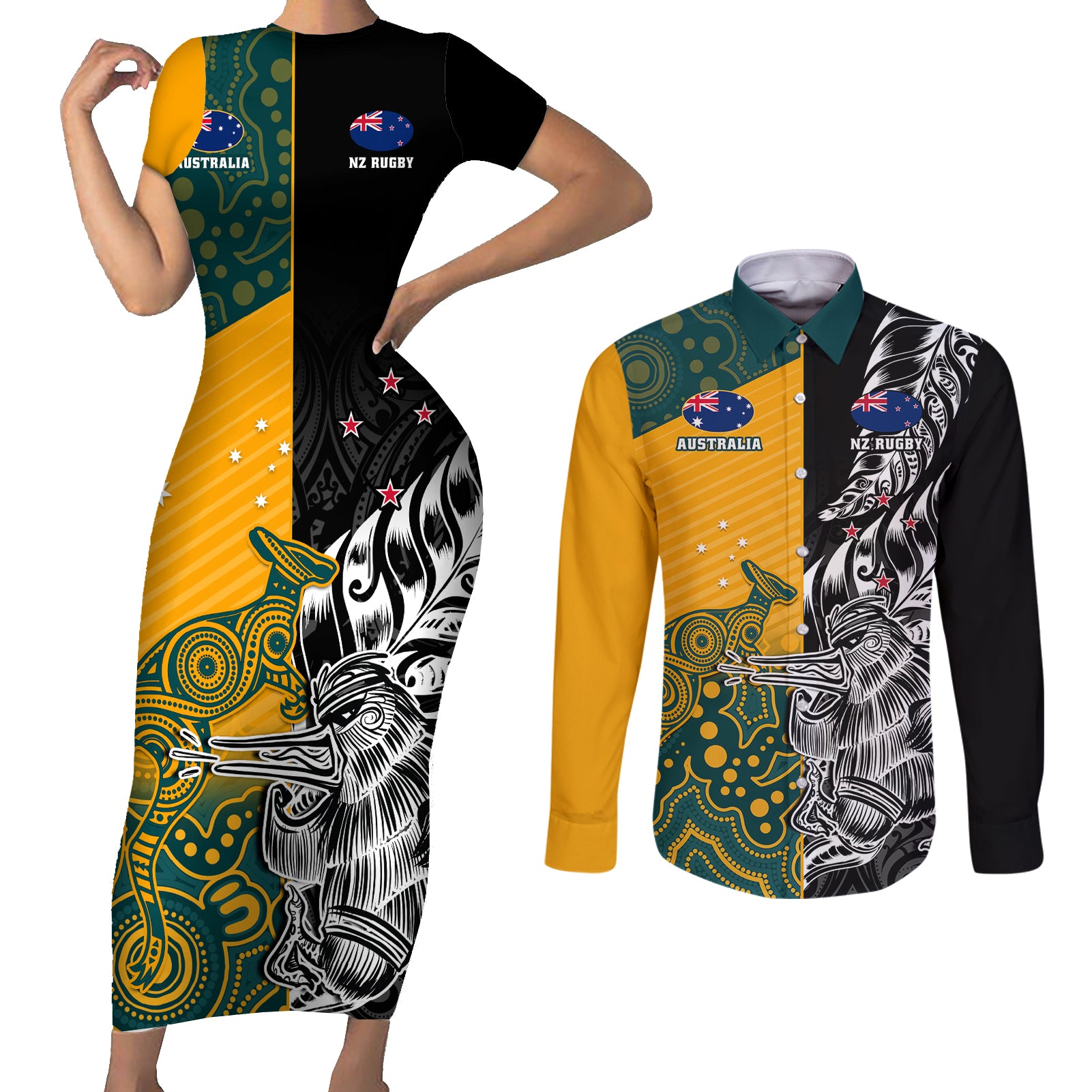 custom-new-zealand-and-ausrtralia-rugby-couples-matching-short-sleeve-bodycon-dress-and-long-sleeve-button-shirts-wallabies-kiwi-silver-fern-2023-world-cup