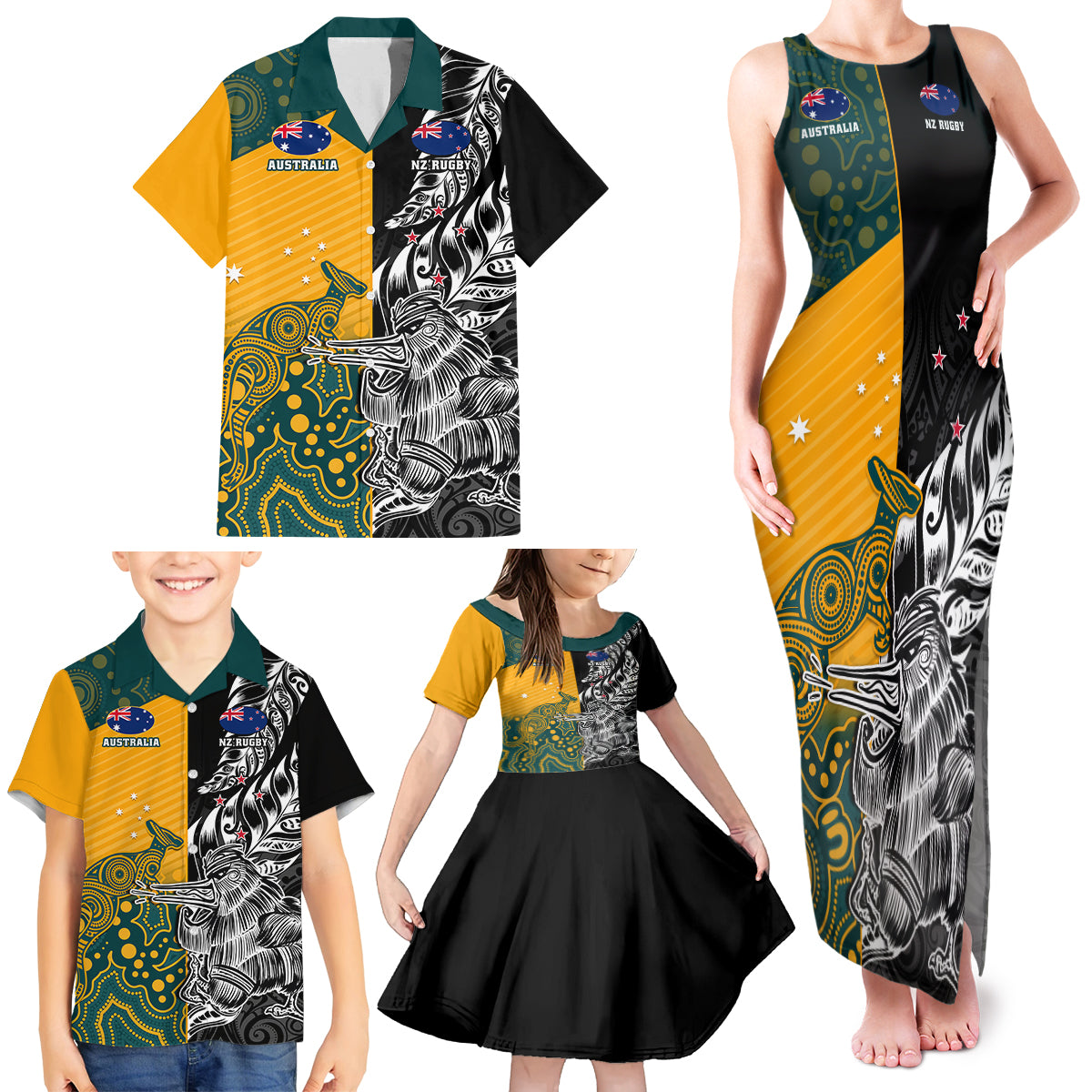 custom-new-zealand-and-ausrtralia-rugby-family-matching-tank-maxi-dress-and-hawaiian-shirt-wallabies-kiwi-silver-fern-2023-world-cup