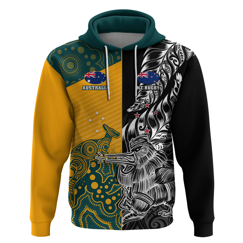 Custom New Zealand And Australia Rugby Hoodie Wallabies Kiwi Silver Fern 2023 World Cup LT01 Pullover Hoodie Black - Polynesian Pride