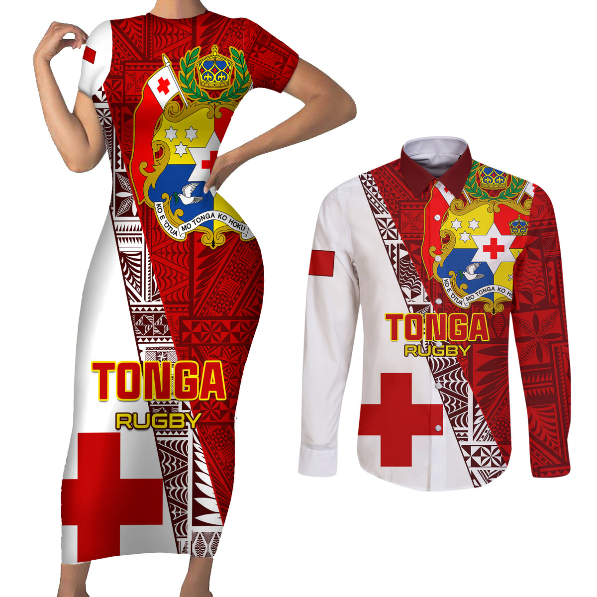 Tonga Rugby Couples Matching Short Sleeve Bodycon Dress and Long Sleeve Button Shirts Tongan Go 2023 World Cup LT01 Red - Polynesian Pride