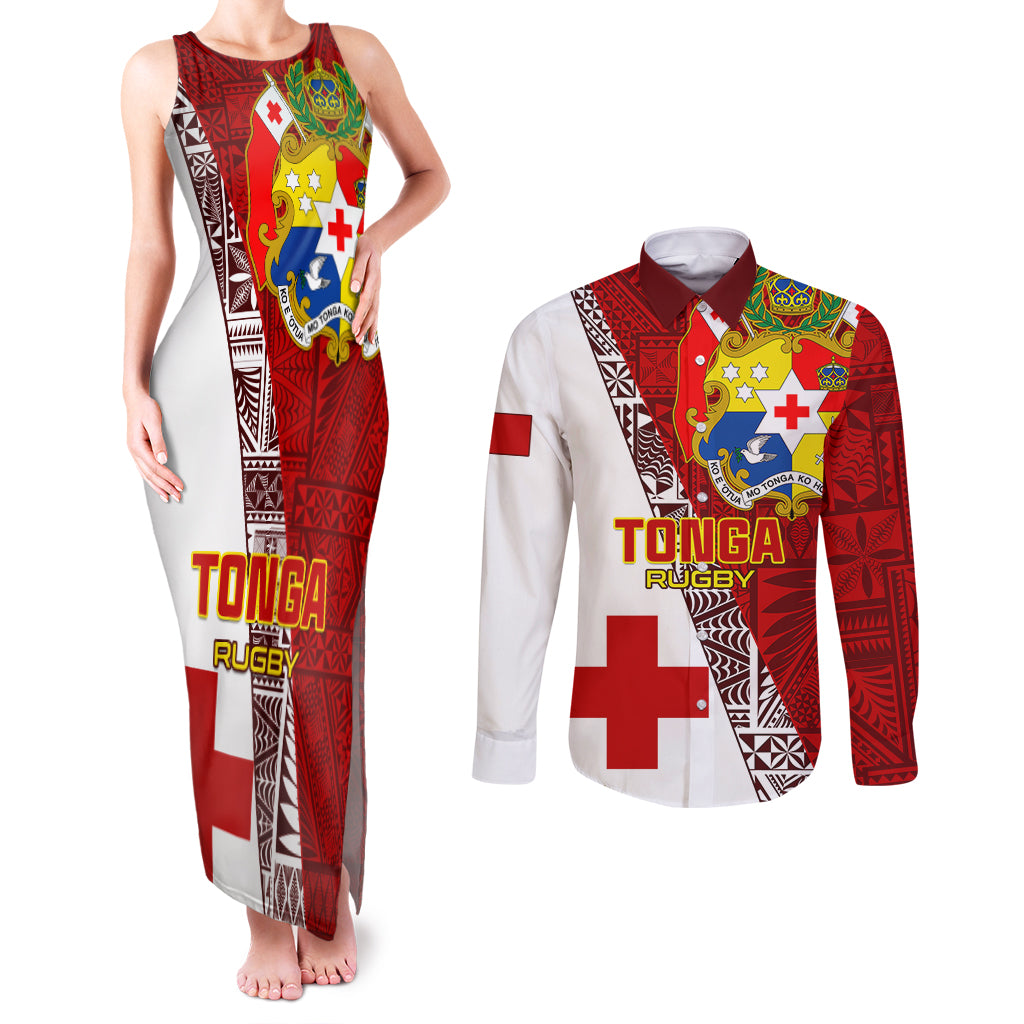 Tonga Rugby Couples Matching Tank Maxi Dress and Long Sleeve Button Shirts Tongan Go 2023 World Cup LT01 Red - Polynesian Pride