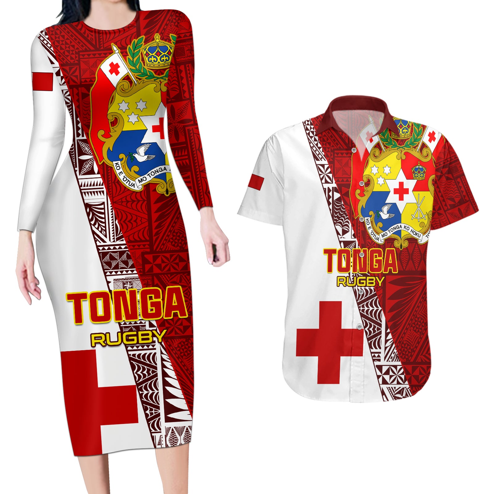 Custom Tonga Rugby Couples Matching Long Sleeve Bodycon Dress and Hawaiian Shirt Tongan Go 2023 World Cup LT01 Red - Polynesian Pride
