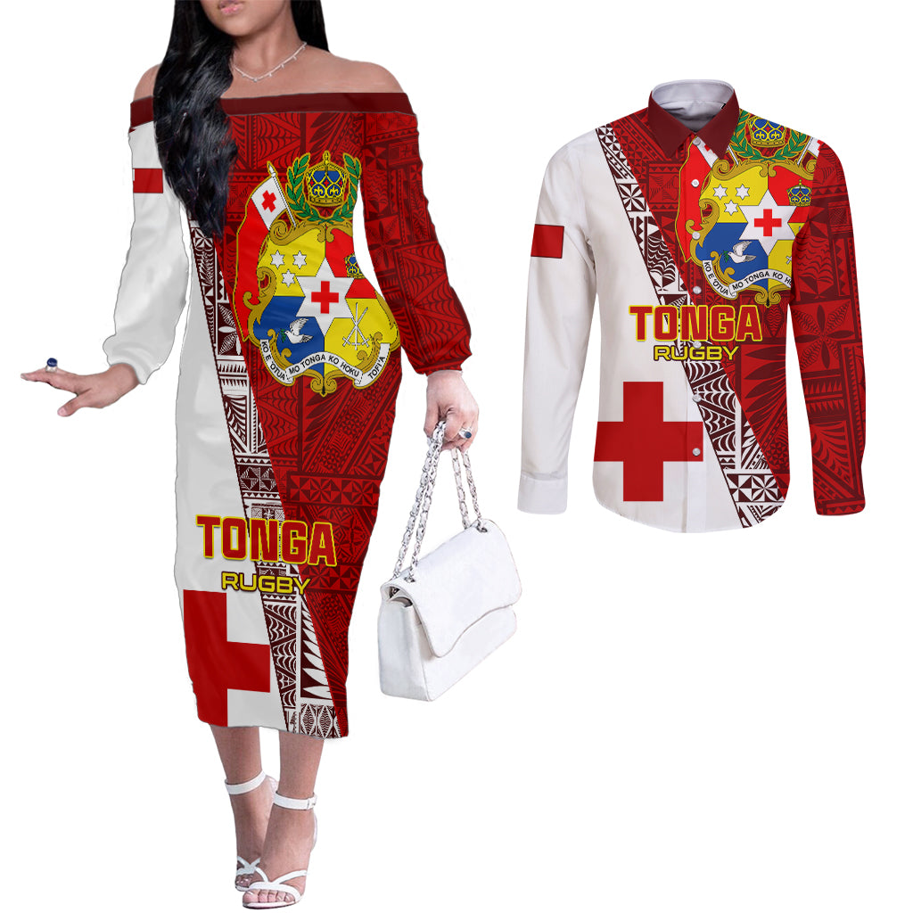 Custom Tonga Rugby Couples Matching Off The Shoulder Long Sleeve Dress and Long Sleeve Button Shirts Tongan Go 2023 World Cup LT01 Red - Polynesian Pride